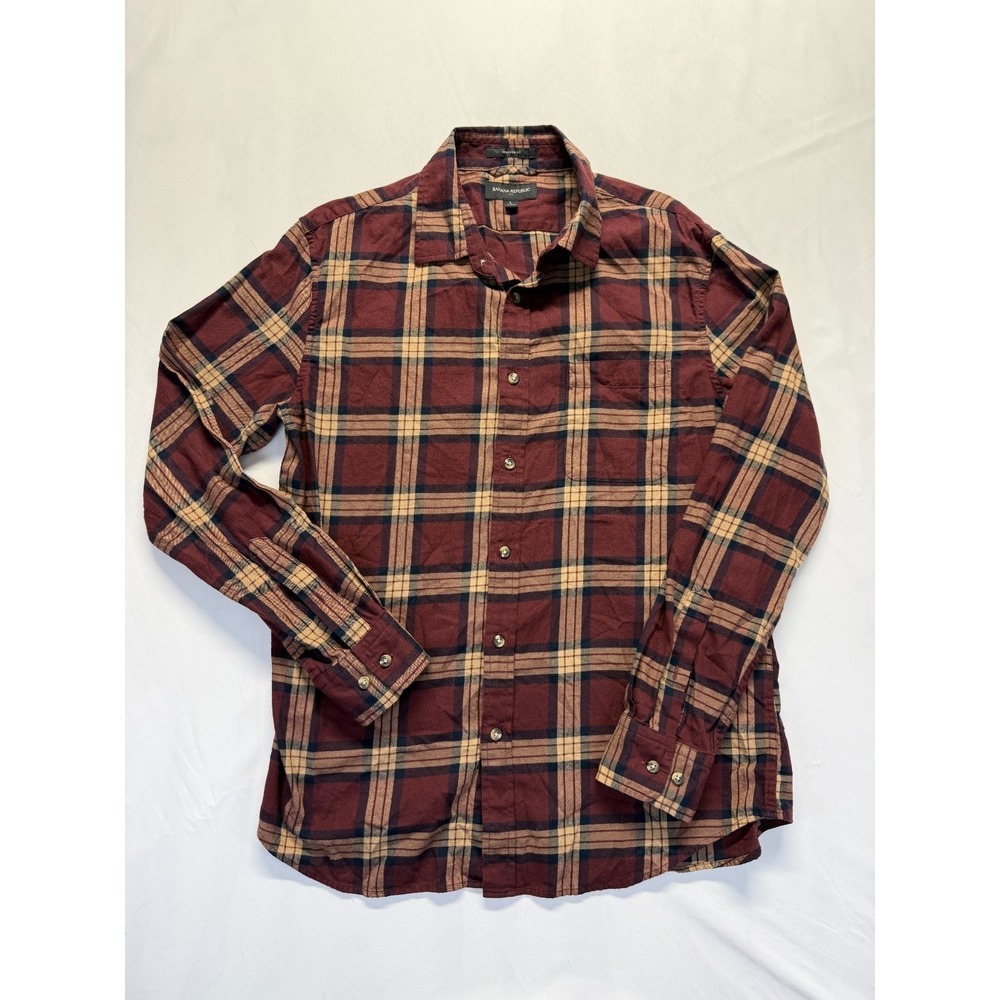 Banana Republic Flannel Shirt Mens Large Red Multi Plaid Untucked Fit Button‎ Up